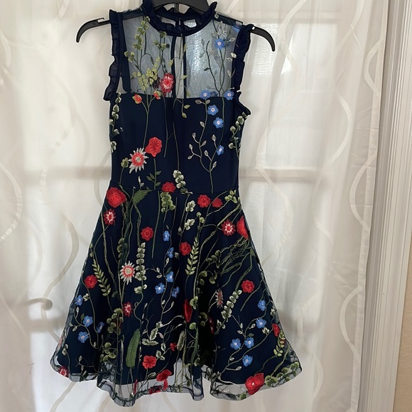 City Studio Navy Floral Embroidered Dress, Size 0